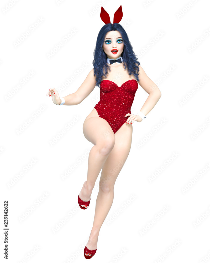 Bunny Girl. Sexy woman long legs in red corset. Red swimsuit and shoes. Conceptual fashion art. Blue eyes. Seductive candid pose. Realistic 3D render illustration. Isolate. Studio. Bunny Girl. Sexy woman long legs in red corset. Red swimsuit and shoes. Conceptual fashion art. Blue eyes. Seductive candid pose. Realistic 3D render illustration. Isolate. Studio.