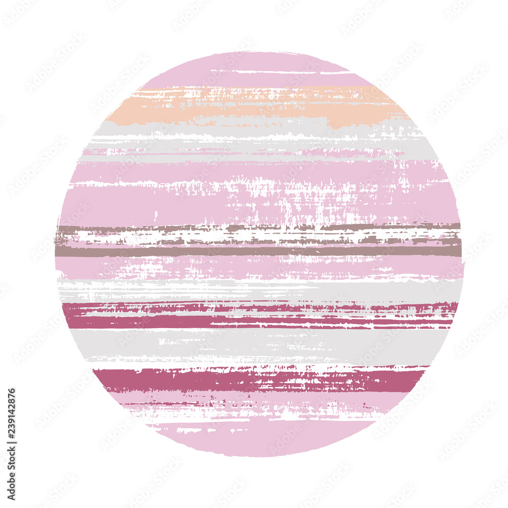 Abrupt circle vector geometric shape with stripes texture of paint horizontal lines. Old paint texture disc. Label round shape logotype circle with grunge stripes background.