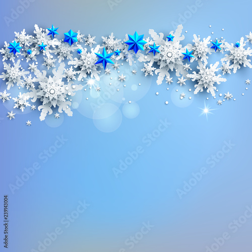 Realistic shine Banner with place for text template. Shine winter decoration on light blue background with snowflakes and stars