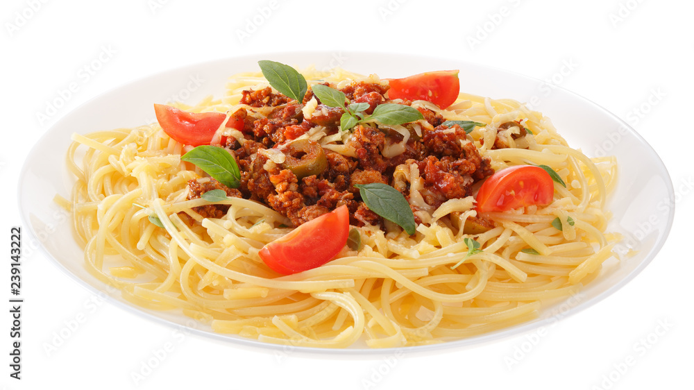 Spaghetti with minced meat, olives, tomatoes and basil served on a plate. Isolated on white background. Spaghetti with minced meat, olives, tomatoes and basil served on a plate. Isolated on white background.