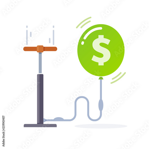 Money bubble. Conceptual illustration. Hand pump inflates balloon with dollar sign