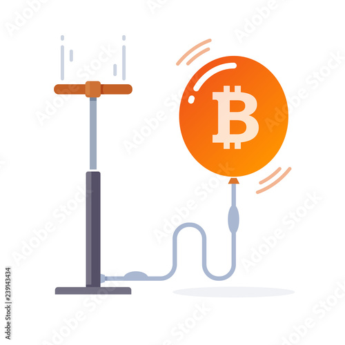 Money bubble. Conceptual illustration. Hand pump inflates balloon with bitcoin sign