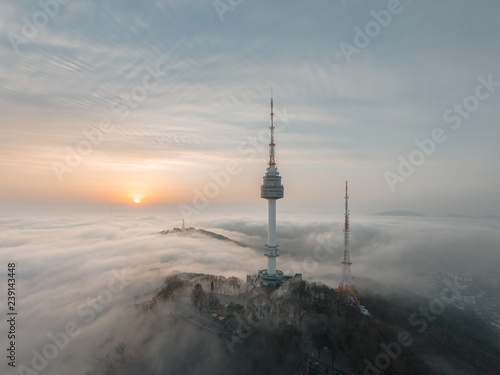 N Seoul Tower Namsan Park aerial sunrise