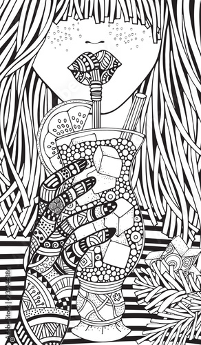 Winter girl. Adult Coloring book page. Hand-drawn vector illustration. Christmas Pattern for coloring book. Zentangle