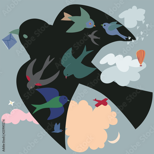 Birds soaring among the clouds. Black bird, a dream, a messenger. Hand drawn vector illustration in flat colors.
