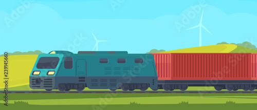 Freight train with container on railway car. Transportation by railroad. Nature landscape in a hilly area. Vector flat illustration.