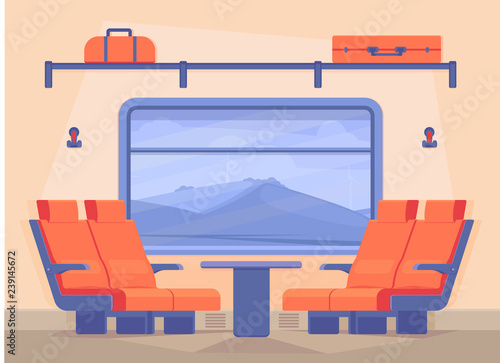 Interior of a modern passenger train inside. Traveling by train along the rail road in comfort. Vector flat style illustration.