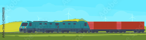 Freight train with container on railway car. Transportation by railroad. Nature landscape in a hilly area. Vector flat illustration.