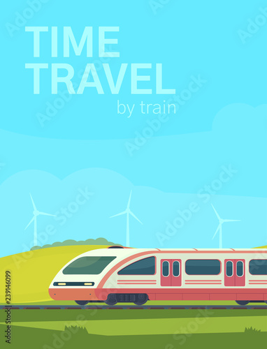 Passanger modern electric high-speed train with nature landscape in a hilly area. Railway transport. Travel by train. Vector flat illustation.
