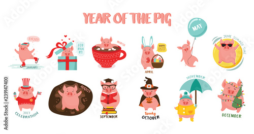Monthly creative calendar 2019 with cute pig. Symbol of the year in the Chinese calendar. Cartoon. Isolated. Vector illustration.