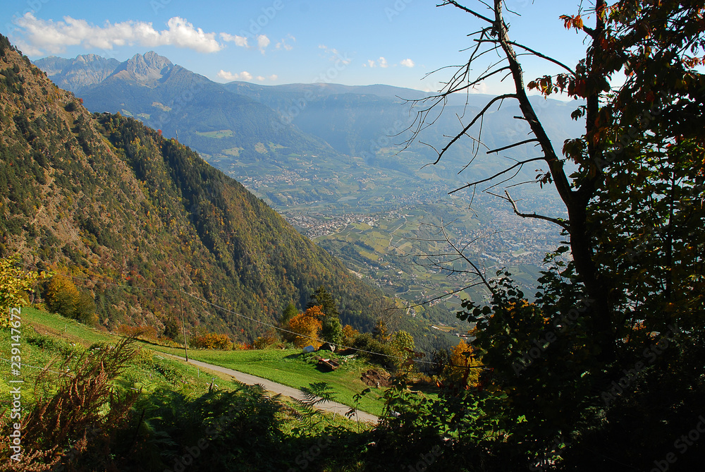 Panorama view on valleys and mountains (Sarntal Alps) in the italian alps (near Meran, South Tyrol, Italy)