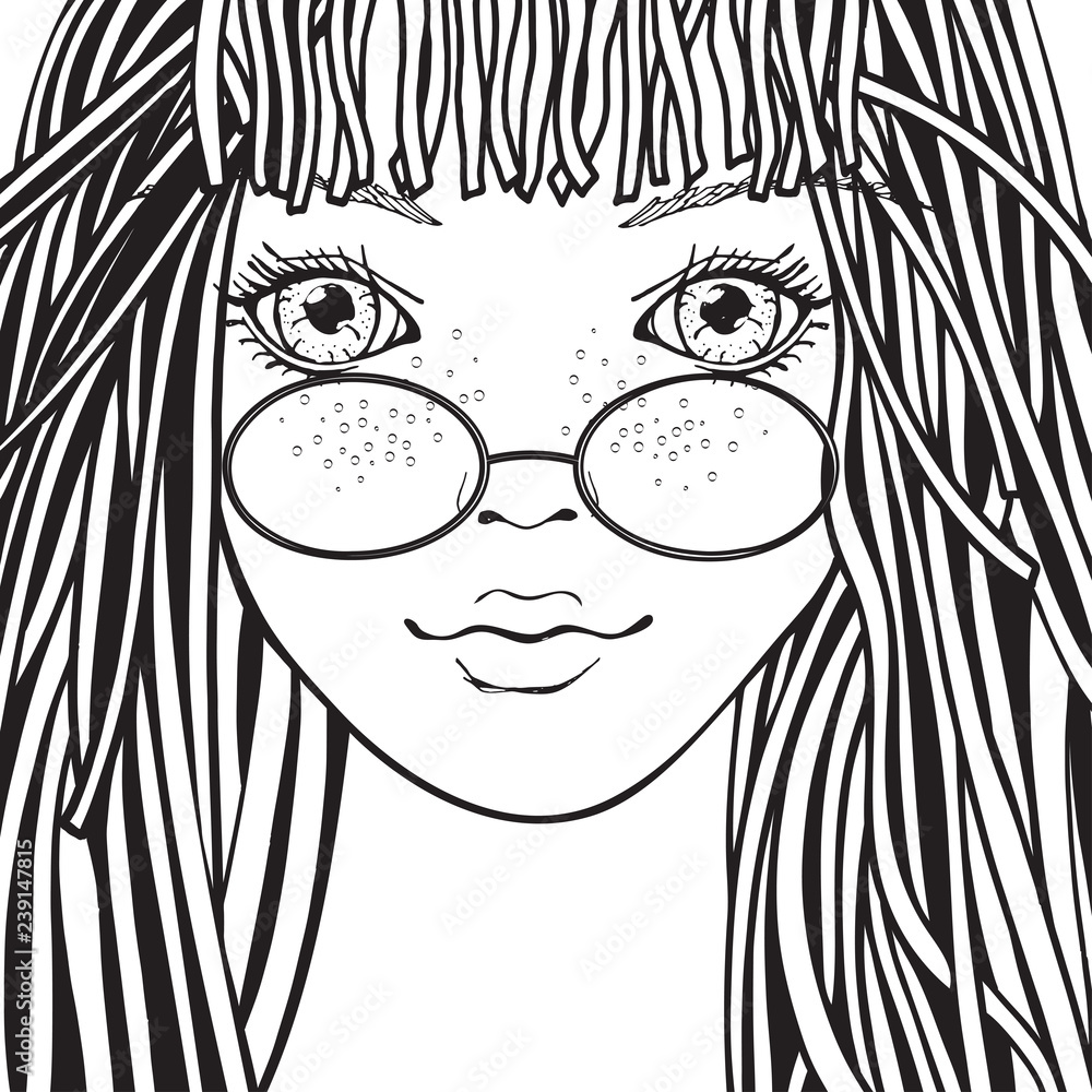 Cute girl with glasses. Coloring book page for adult. Black and white.  Doodle, zentangle style. Stock Vector | Adobe Stock