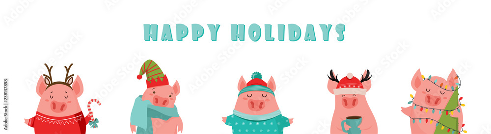 Fototapeta premium Collection of cute winter pigs. New 2019 year. Symbol of the year in the Chinese calendar. Vector cartoon isolated illustration. Year of yellow pig. - Vector