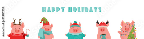 Collection of cute winter pigs. New 2019 year. Symbol of the year in the Chinese calendar. Vector cartoon isolated illustration. Year of yellow pig. - Vector