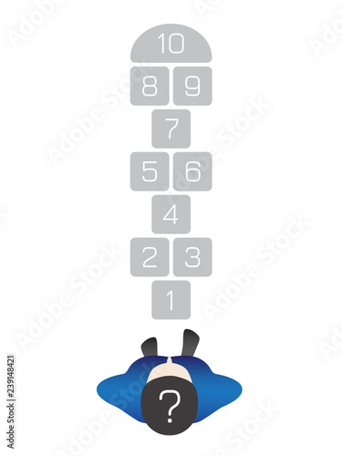 Businessman staying in front of hopscotch game. He is trying to find solution and making right steps for his business. View from the top. Question mark on his head. White background. Vector