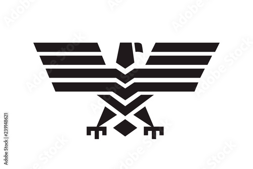 Eagle isolated sign. Vector heraldic black falcon bird symbol with spread wings. Hawk geometric shape design for sport team mascot, army, military shield, security coat of arms