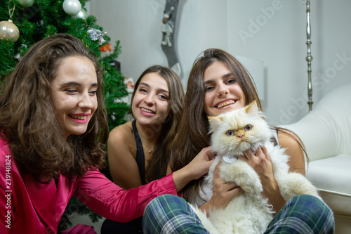 Happy young women with a Persian white cat sitting on the floor near the Christmas tree