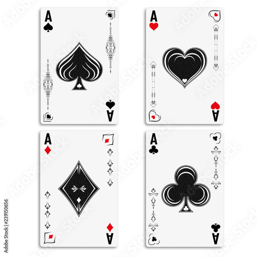 Set four aces for playing poker and casino. Ace of spades, diamonds, hearts and clubs. Four aces playing deck of cards.