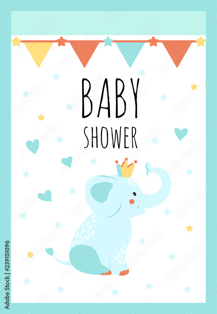 Vector Illustration. Cute character with hand lettering for baby shower. Funny elephant and hearts around. Poster for the kid's birthday with text. Vector Illustration. Cute character with hand lettering for baby shower. Funny elephant and hearts around. Poster for the kid's birthday with text.