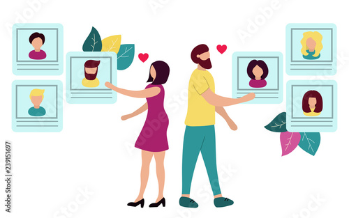 Dating site, a woman and a man choose a partner. Finding love. Using dating web sites, chatting online. Modern flat vector illustration.
