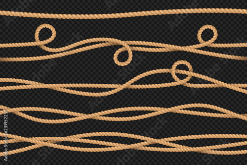 Rope borders. Cord threads, twisted ropes texture. Marine realistic sailor string 3d vector set