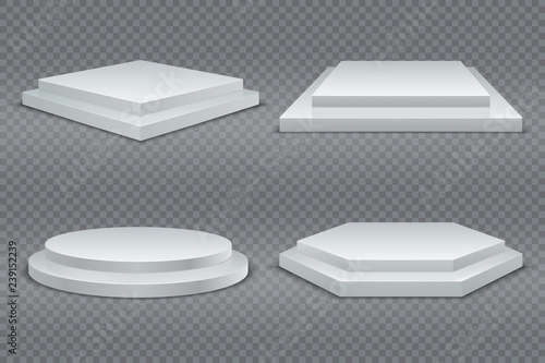 White podiums. Round and square 3d empty podium with steps. Showroom pedestals, floor stage platform vector isolated mockup