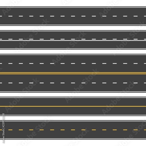 Straight roads seamless. Endless asphalt street, top view roadway. Empty horizontal highway vector set