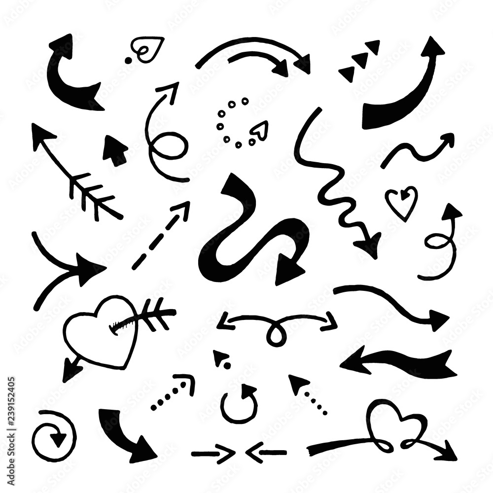 Doodle arrows set. Sketch arrows, hand drawn curve pointer icons isolated on white background