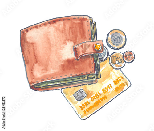 Wallet with cash, coins and credit card painted in watercolor on clean white background