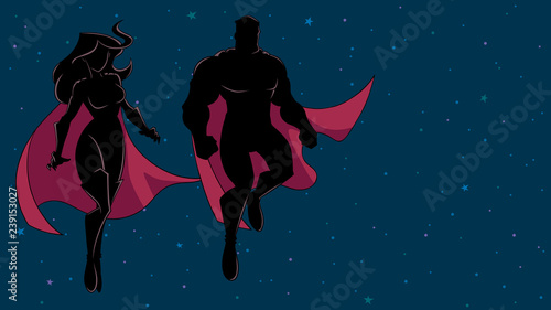Silhouette illustration of superhero couple, flying in outer space. 