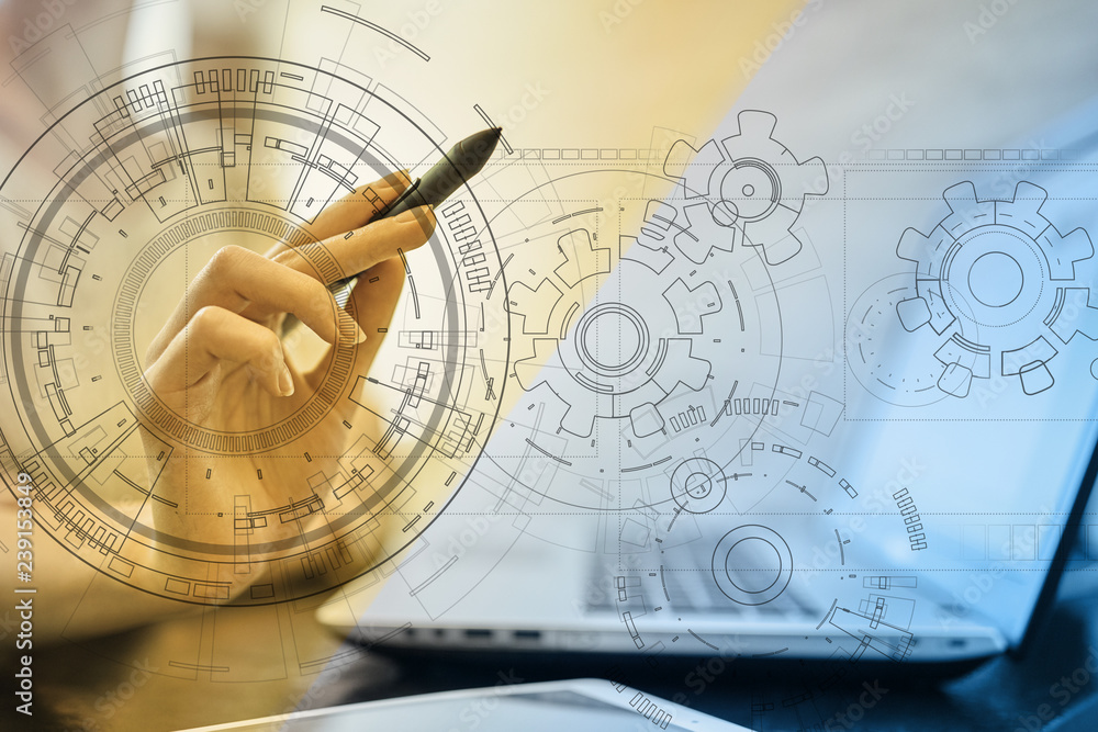 Engineering background with gears draft on virtual screen. Business innovation and modern technology concept. Engineering background with gears draft on virtual screen. Business innovation and modern technology concept.