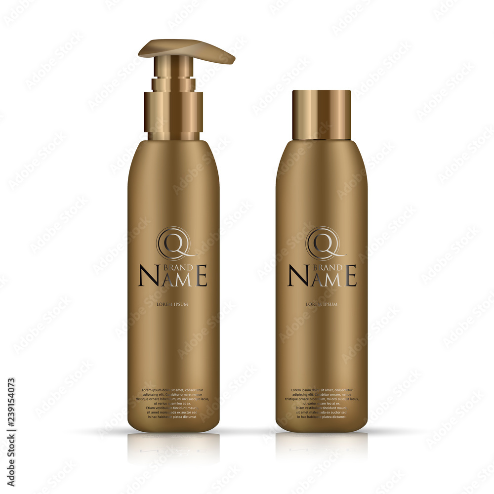 Realistic Gold bottle for cosmetic Cream container. Spray bottle. Tube for ointment, lotion, balsam. Mock up bottle. Liquid Soap pump bottle. Balsam, with design label. Cosmetic products package. Realistic Gold bottle for cosmetic Cream container. Spray bottle. Tube for ointment, lotion, balsam. Mock up bottle. Liquid Soap pump bottle. Balsam, with design label. Cosmetic products package.