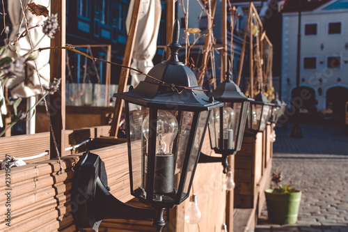 Lanterns in The Town Hall Square, the old center of Riga, Latvia. October 25, 2018. photo