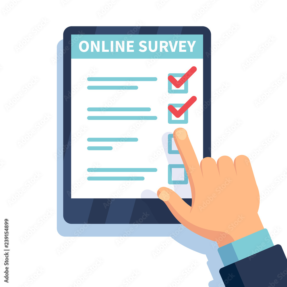 Online survey. Internet surveying, hands holding tablet with test form. Mobile questionnaire, customers voting vector Online survey. Internet surveying, hands holding tablet with test form. Mobile questionnaire, customers voting vector
