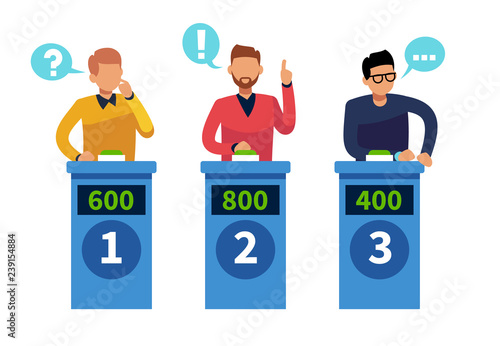 Quiz show people. Tv contest answering persons with podium. Cartoon conundrum, quiz game vector concept