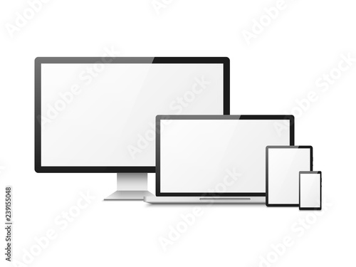 Realistic computer. Devices laptop tablet phone smartphone monitor, computer desktop screen, responsive web layout