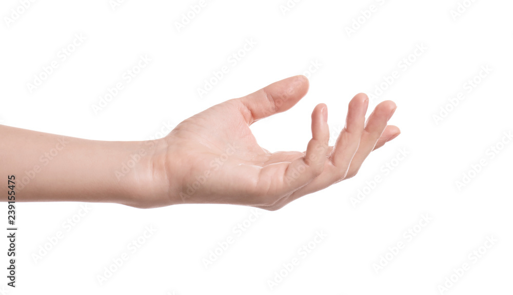 Woman holding something in hand on white background, closeup Woman holding something in hand on white background, closeup