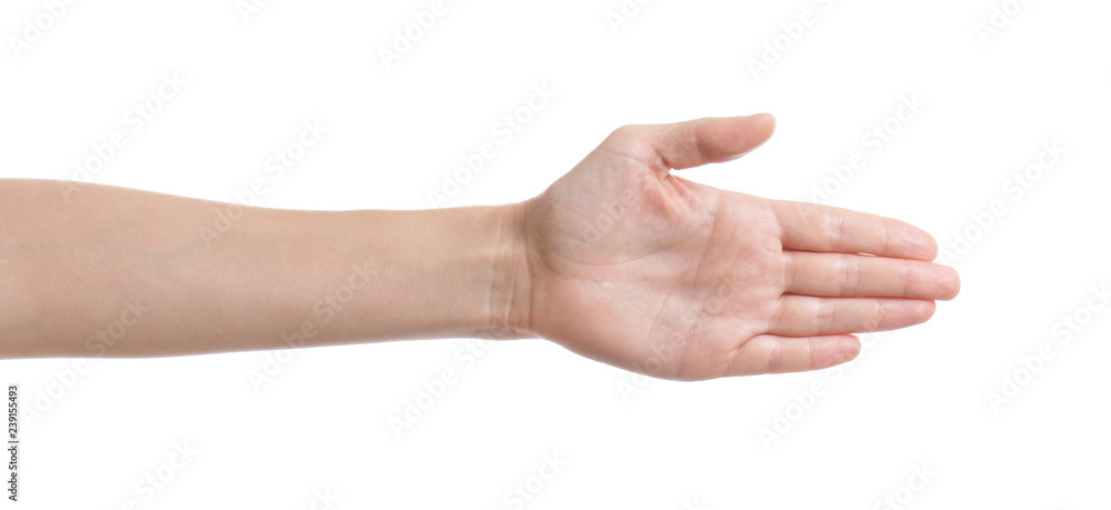 Woman reaching hand for shake on white background, closeup