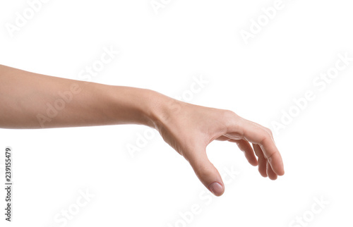 Quadro em tela Woman holding something in hand on white background, closeup