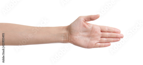 Woman reaching hand for shake on white background, closeup