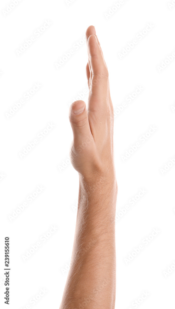 Man showing hand on white background, closeup Man showing hand on white background, closeup