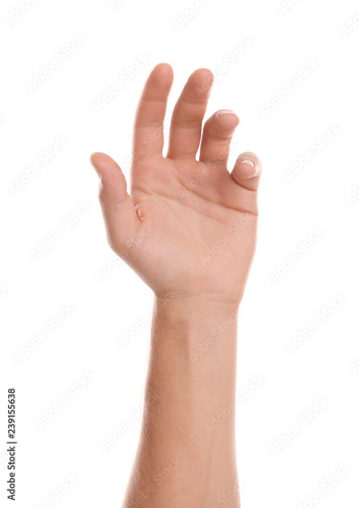 Man showing hand on white background, closeup Man showing hand on white background, closeup