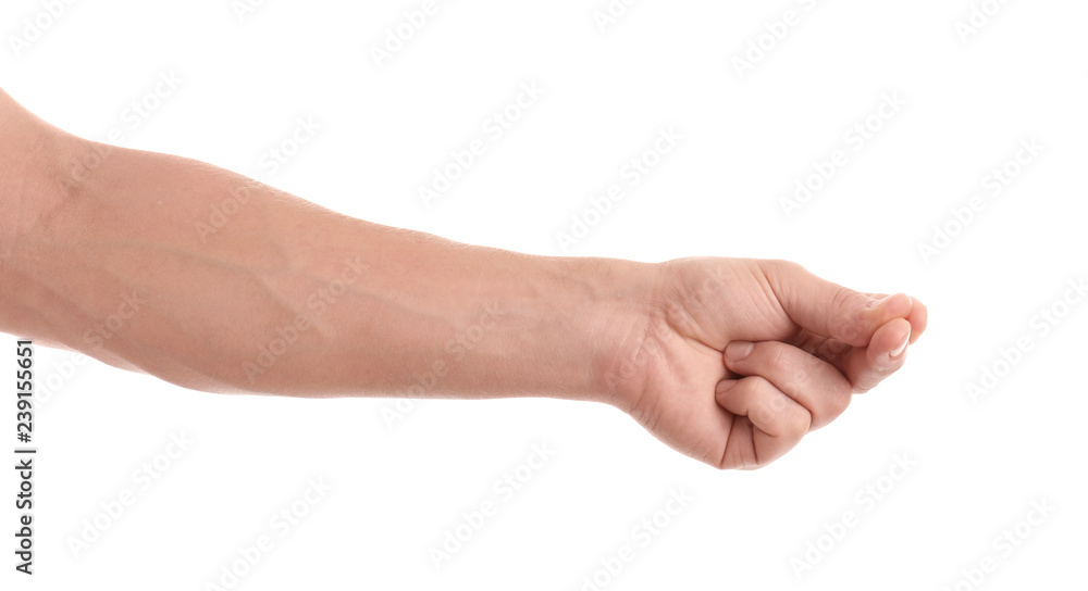 Man asking for money on white background, closeup. Hand gesture