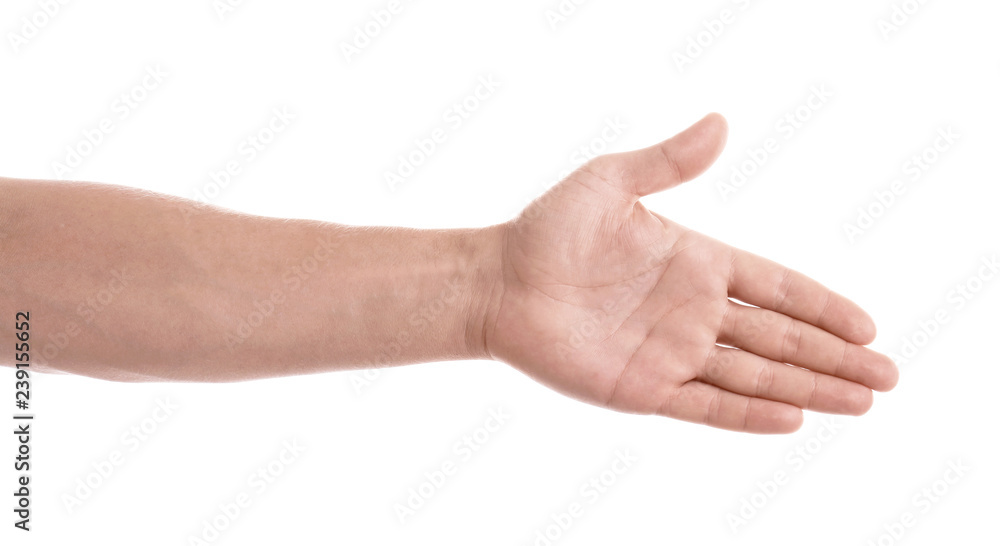 Man reaching hand for shake on white background, closeup Man reaching hand for shake on white background, closeup