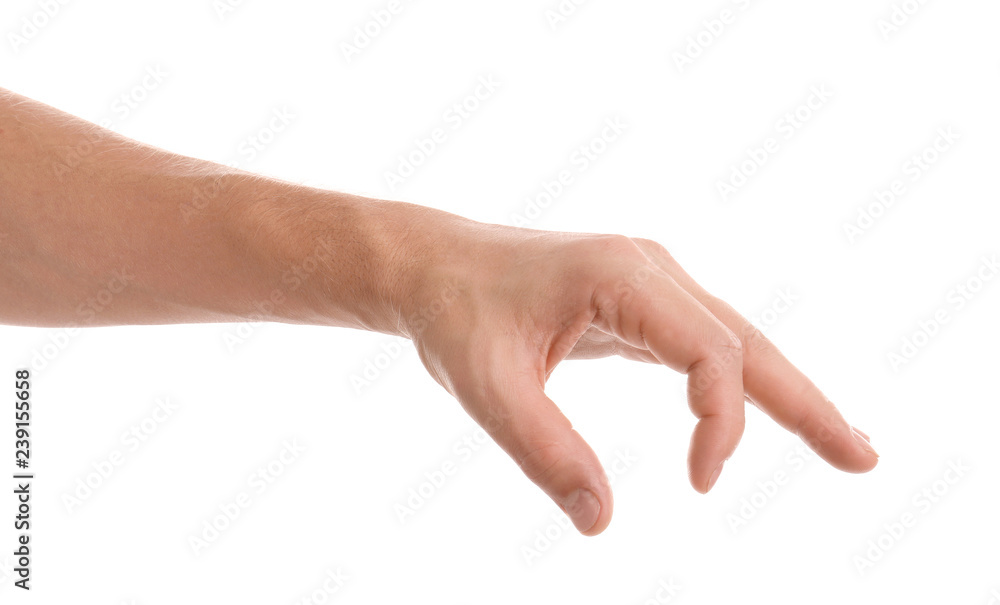 Man holding something in hand on white background, closeup Man holding something in hand on white background, closeup