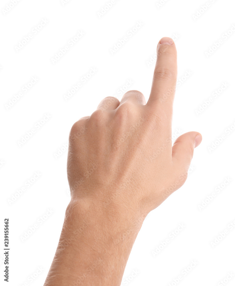 Man pointing at something on white background, closeup of hand Man pointing at something on white background, closeup of hand