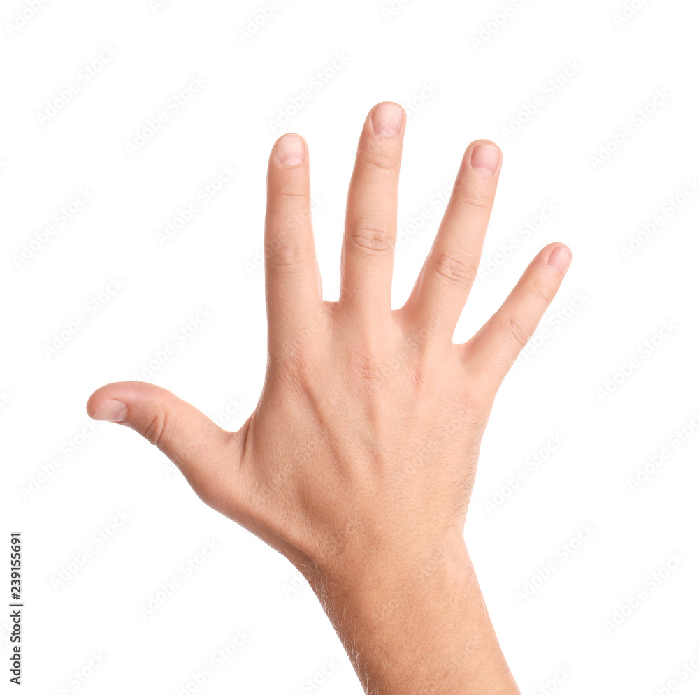 Man showing hand on white background, closeup Man showing hand on white background, closeup