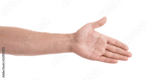 Man reaching hand for shake on white background, closeup