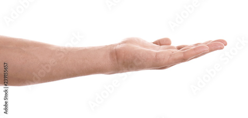 Man holding something in hand on white background, closeup
