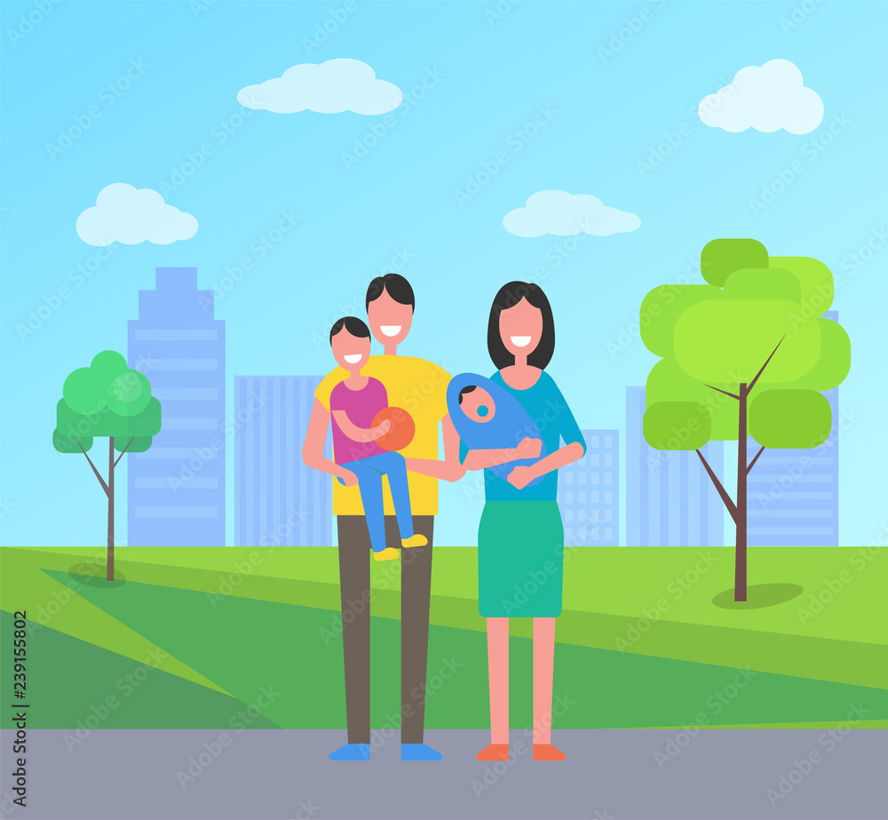 Family People in City Park Vector Illustration Family People in City Park Vector Illustration